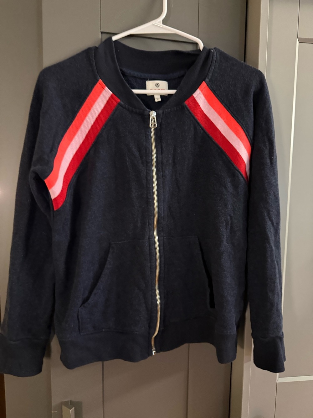 Navy Zip-Up Jacket with Red Stripe Accent